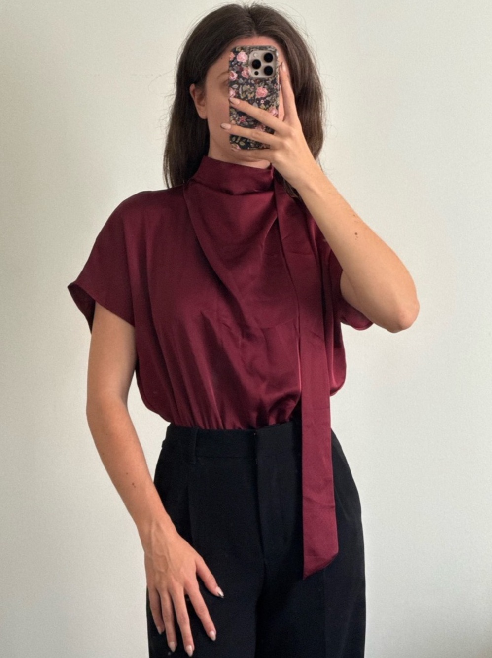 NWT Commense Burgundy Satin Draped Scarf Blouse